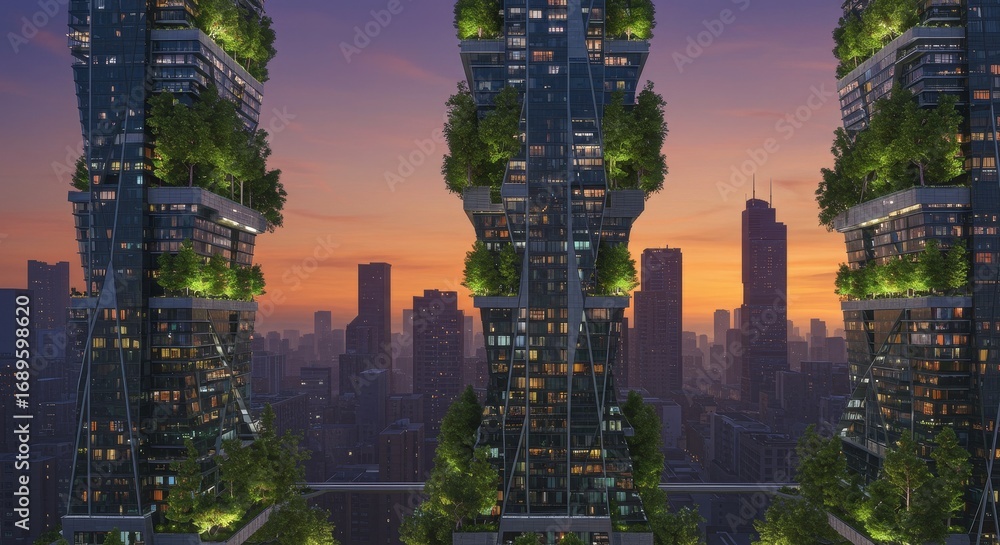 Obraz premium Eco Skyscrapers at Sunset - Futuristic city skyline, green architecture, sustainable living, urban landscape, technological advancement