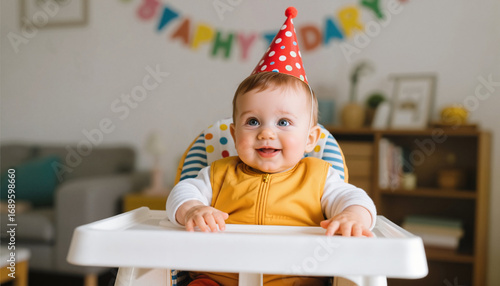 Happy baby in party hat sitting in high chair at birthday celebration  