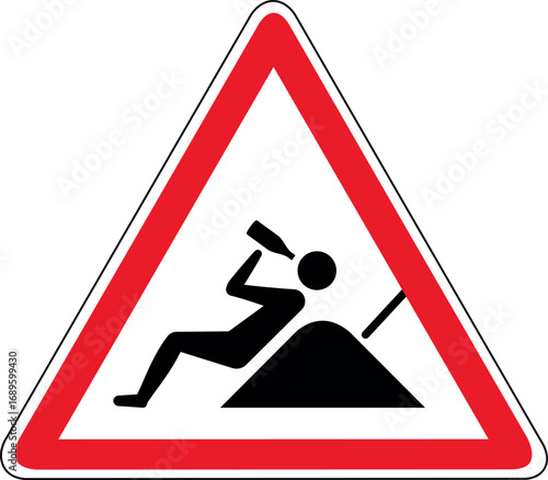 Lustiges Baustellen-Warnschild mit Bauarbeiter in Pause und Bierflasche – Vektor-Illustration