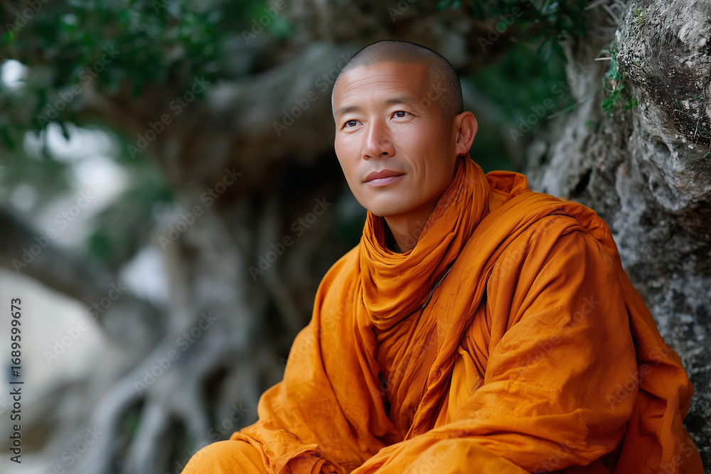 Fototapeta premium Meditative portrait of a peaceful Buddhist monk in traditional orange robes, sitting serenely under the shade of an ancient tree, reflecting with a calm and spiritual expression.