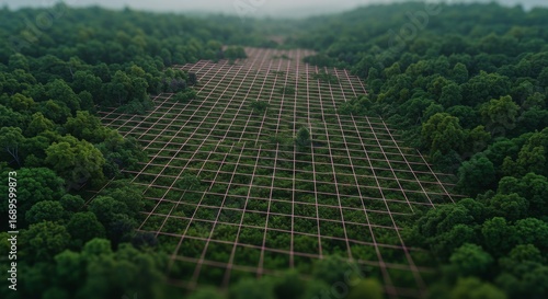 Forest Grid Network - Aerial view of a grid network overlaid on a lush green forest. Represents connection, infrastructure, or data within nature