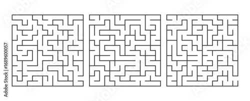 maze or labyrinth game for kids child and adult logic Square game for kid book, find the way in geometric shape quiz challenge path, isolated vector templates, design line set for poster, cards, book 