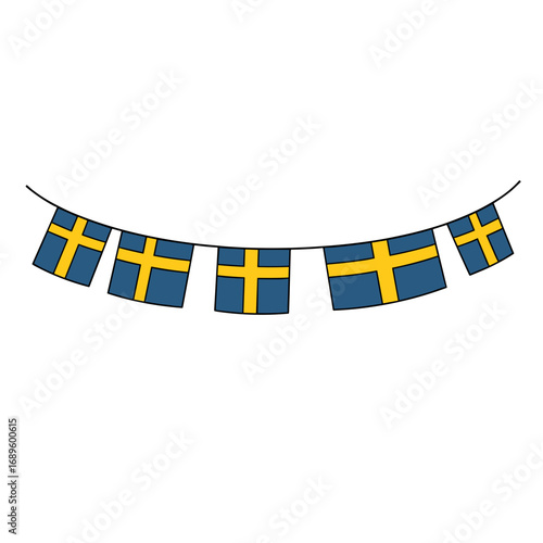 Swedish flags hanging on a string for celebration decor  