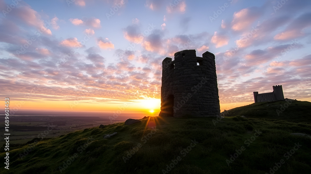 Obraz premium Cornish sunrise Carn Brea Cornwall Basset Monument and Castle