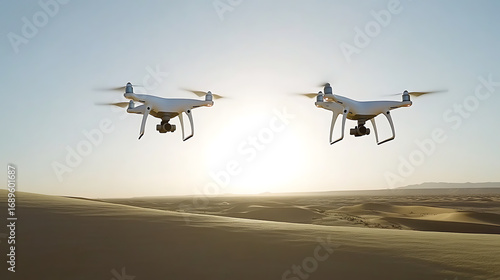 Fototapeta Naklejka Na Ścianę i Meble -  Two Drones Hovering Over Sandy Desert at Sunset