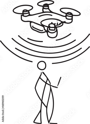 Stick figure controlling drone with remote control and signal waves quadcopter person