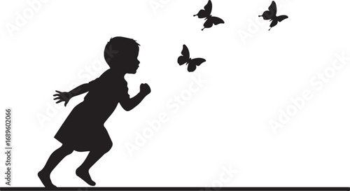Black silhouette of a child running towards butterflies on a white background chasing