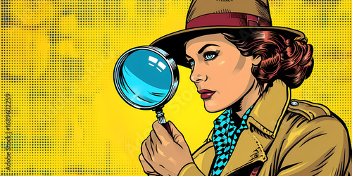 Intrigued detective woman with magnifying glass uncovers secrets in vibrant retro pop art style