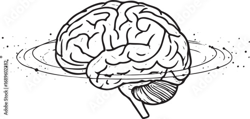 Black and white line drawing of a human brain with swirling lines and dots anatomy medical