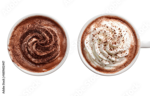 Two mugs of hot chocolate, topped with whipped cream and cocoa powder.  A close-up, high-angle view, showing the creamy texture of the drinks