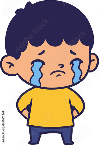 A simple cartoon illustration of a young boy crying with big tears. Unhappy child character with a sorrowful expression feeling emotional distress