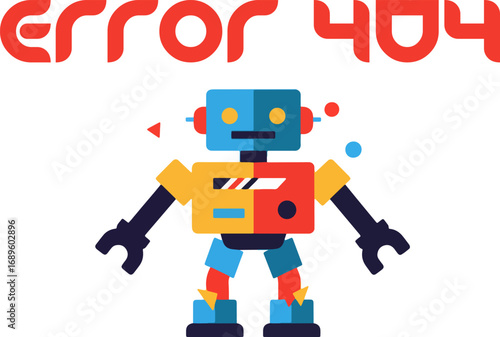 A colorful flat design illustration of a broken robot character for a website's page not found or 404 error message