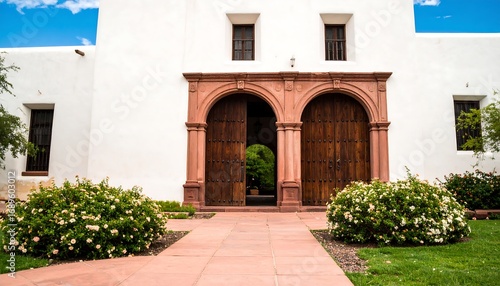Historic white building with arched doors