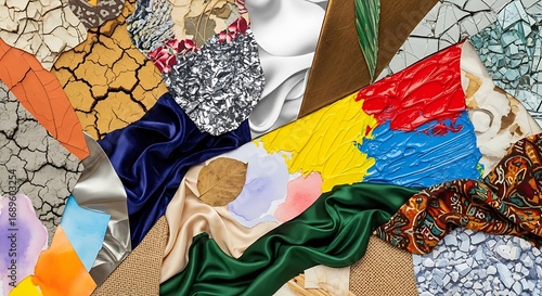 A vibrant collage featuring diverse textures and colors, including cracked earth, metallic sheets, silk, and paint swatches, creating an abstract composition.