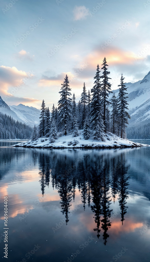 Obraz premium Snowy pine island reflected in calm sunset lake