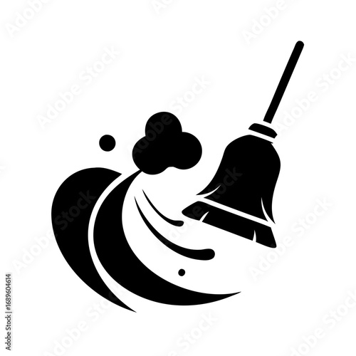 Vector art of dynamic broom sweeping motion, conveying cleanliness, hygiene, and the action of cleaning in a modern, graphic style