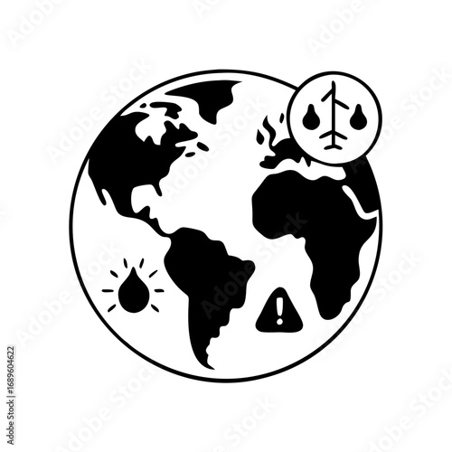 Vector art of climate change icon shows the earth with warning sign, water drop, and airplane, representing environmental problems