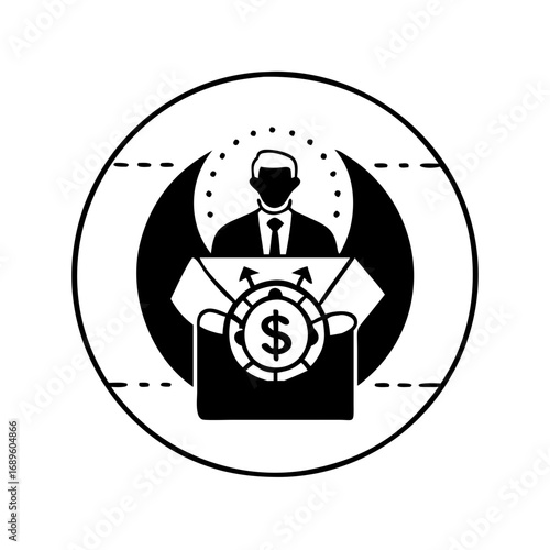 Vector art of icon of a politician speaking about money laundering, symbolizes corruption, financial crime, and illicit financial flows in politics