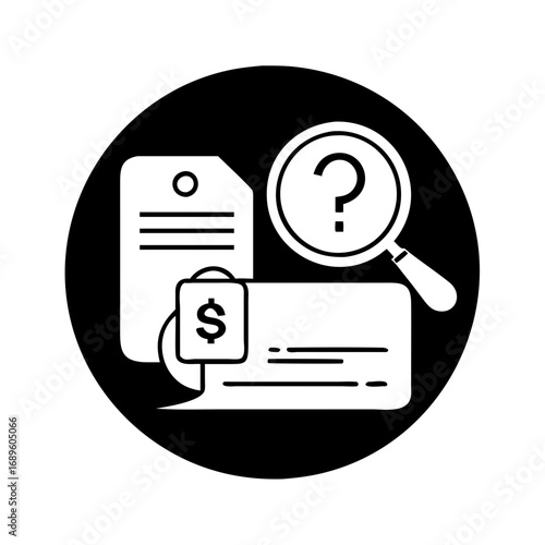 Vector art of uncertainty in financial documents a magnifying glass hovers over a check, a document, and a price tag, symbolizing financial ambiguity