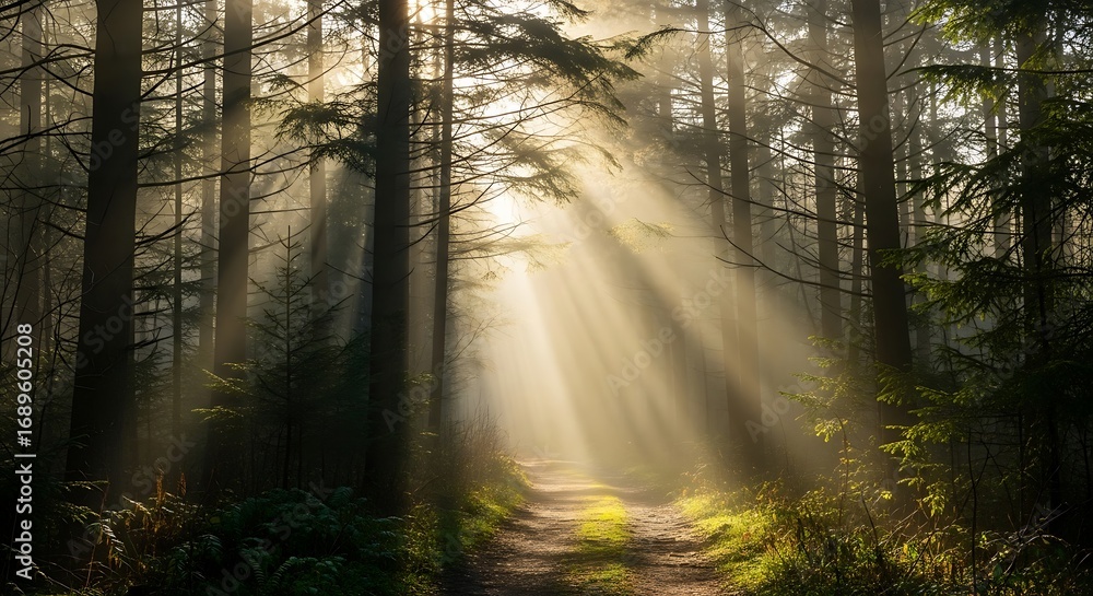 Naklejka premium Sunlight streams through a misty forest, illuminating a pathway with golden rays.