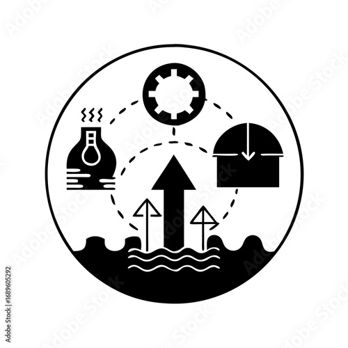 Vector art of black and white illustration of carbon capture and storage process, showing carbon dioxide being captured from a factory