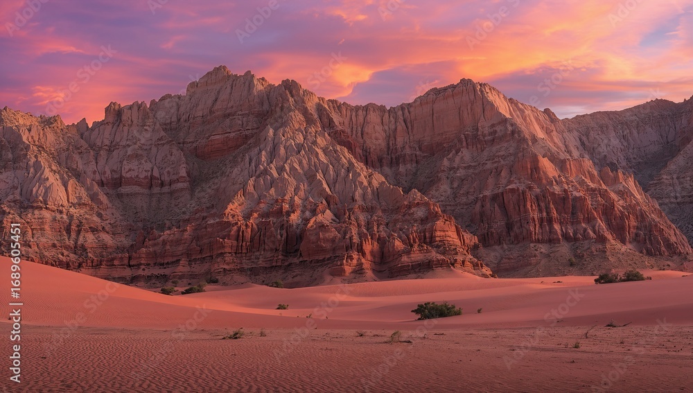 Fototapeta premium Dramatic Sunset Over Layered Rock Formations in a Desert Landscape
