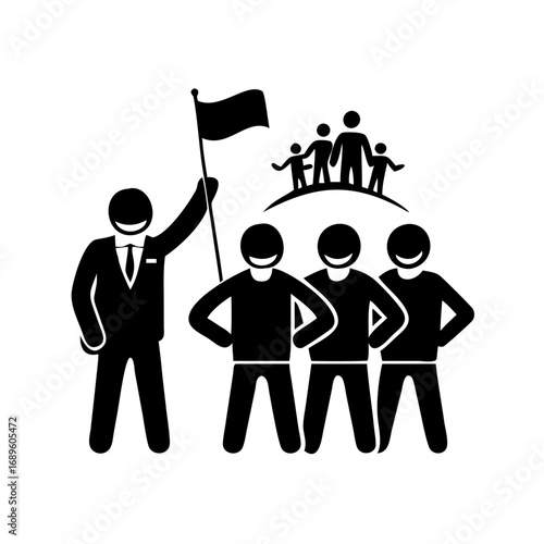 Illustration of a leader holding a flag with a group of people the leader is in a suit