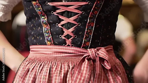 Intricate colorful details of a traditional dirndl: Close-up on the apron bow, bodice lacing, and delicate lace blouse.