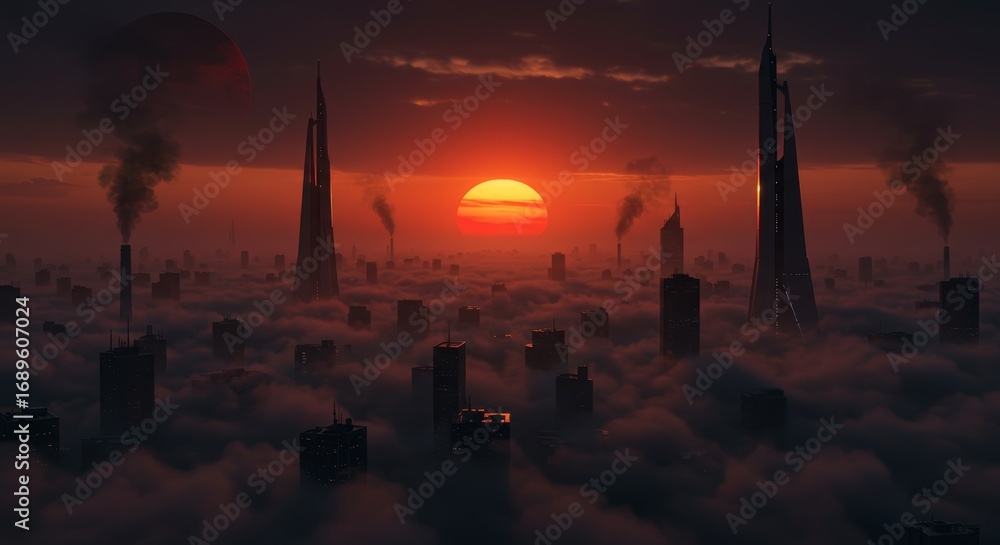 Obraz premium Sunset Over Cloud City - Futuristic city skyline engulfed in clouds at sunset, industrial smoke plumes visible. Dark, moody atmosphere