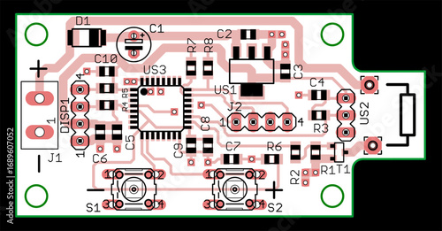 Vector printed circuit board of electronic 
device with components of radio elements, 
conductors and contact pads placed on pcb. 
Engineering technical drawing. Computer technic cad design.