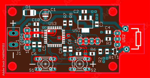 Vector printed circuit board of electronic 
device with components of radio elements, 
conductors and contact pads placed on pcb. 
Engineering technical drawing. Computer technic cad design.