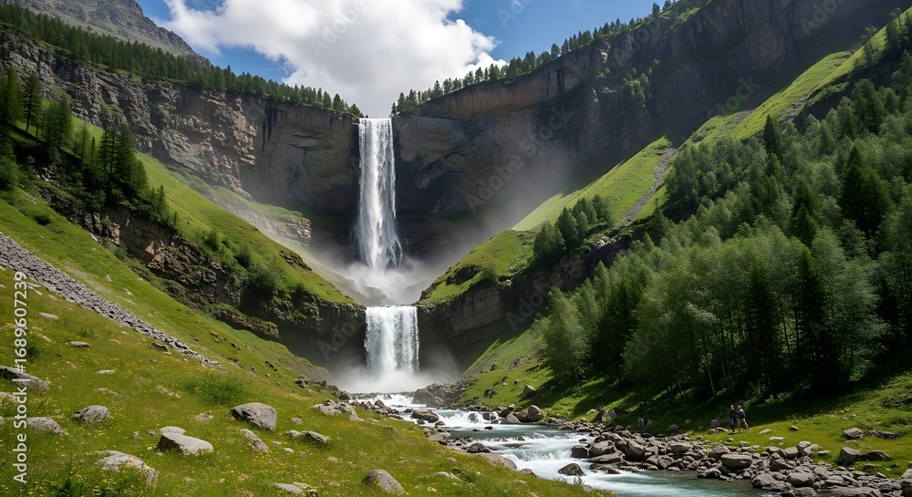 Fototapeta premium Majestic waterfall cascading down a dramatic mountainside, surrounded by lush greenery and dramatic rock formations.
