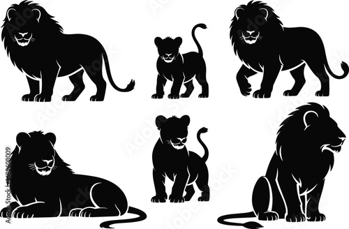 Black silhouettes of lions and lion cubs in various poses Keywords: lions, lion cubs, silhouettes, big