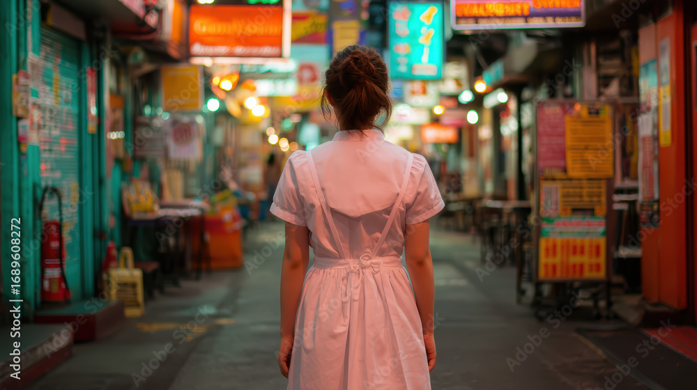 Obraz premium A young woman stands in a vibrant street market, illuminated by colorful neon signs, creating a lively and atmospheric urban scene.