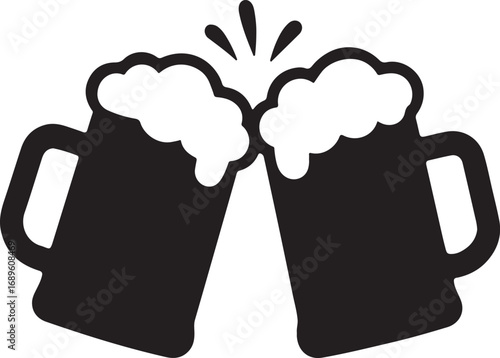 Two black beer mugs clinking with frothy tops and splash elements toasting celebration