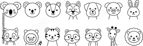 Collection of cute cartoon animal faces in black and white line art style Keywords: animal, animals