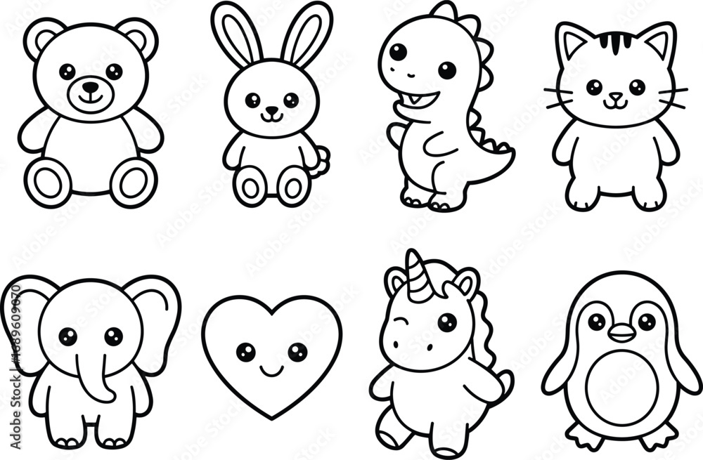 Obraz premium Eight Cute Cartoon Animal Outlines with Black Lines on White Background drawing
