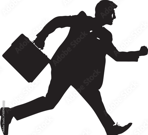 Black silhouette of a man in a suit running with a briefcase businessman