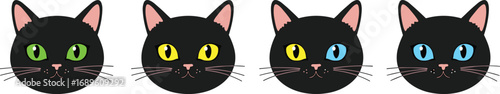 Four black cat faces with different colored eyes on white background feline animal