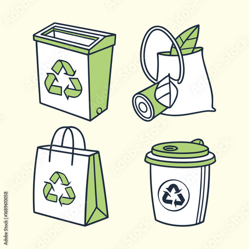 Hand Drawn Illustrations of Recycling Bins, Bags, and Cups with Recycling Symbols – Eco-Friendly Artwork, Waste Management, Sustainable Lifestyle Design