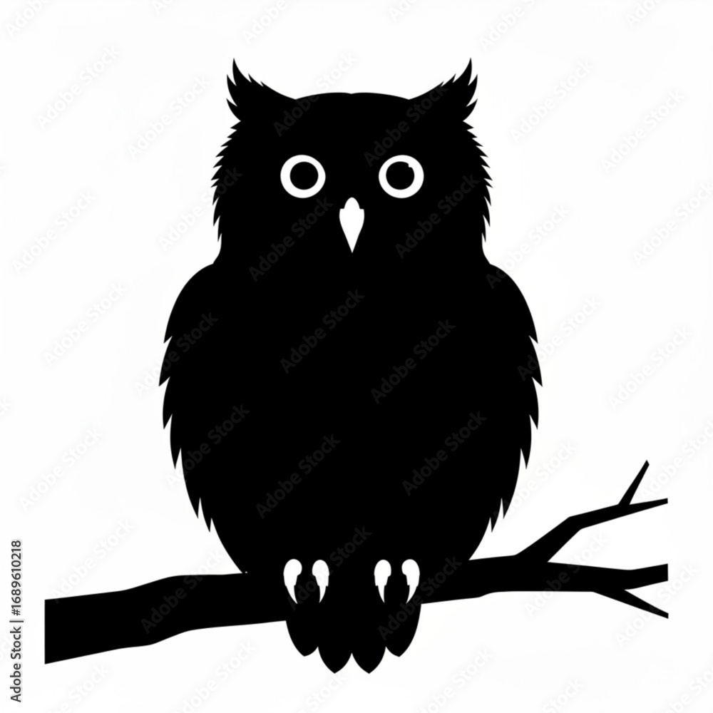 Fototapeta premium A silhouette of an owl with large eyes perched on a branch against a white background in a simple design created with generative ai