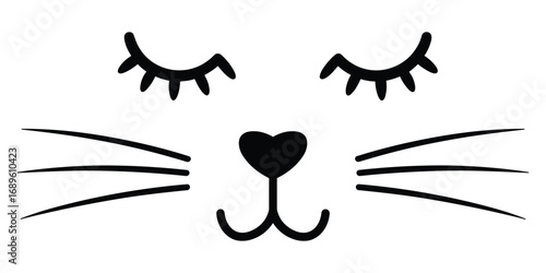 Stylized black cat face with closed eyes and whiskers on white silhouette cute