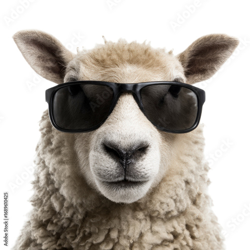 Stylish Sheep Wearing Black Sunglasses Against Grey Background