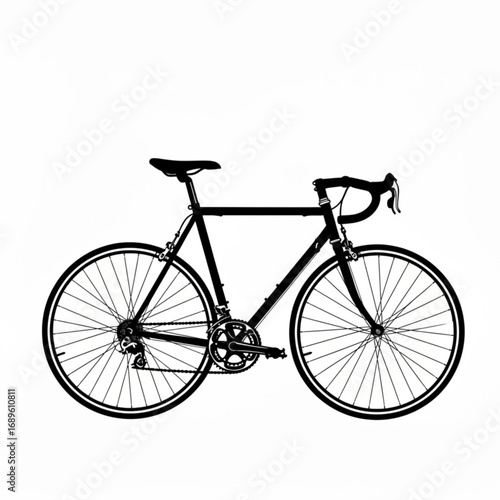 Illustration of a black road bicycle with drop handlebars and thin tires on a white background created with generative ai