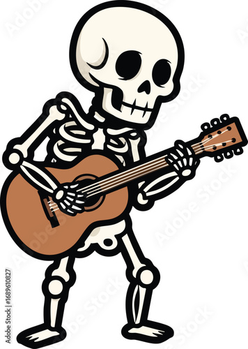 Day of the dead mariachi skeleton holiday character, dia de los mexican cartoon charro personage playing a guitarron, celebrating traditional festivity with lively spirit and music of cultural event