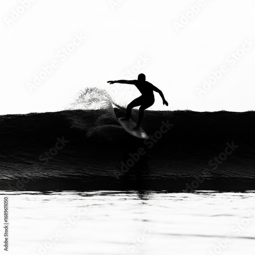 Silhouette of a surfer riding a wave with water splashing in a black and white ocean landscape scene created with generative ai