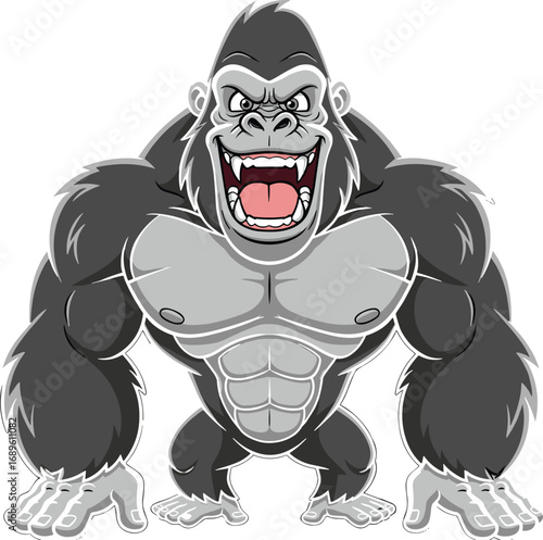 Cartoon gorilla illustration, muscular ape, aggressive pose, vector animal, strong character, wild beast, comic style, jungle theme, stock image