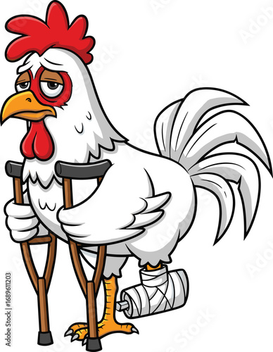 Cartoon injured chicken, white bird, crutches illustration, bandaged leg, funny farm animal, vector character, recovery theme, humorous design, stock image