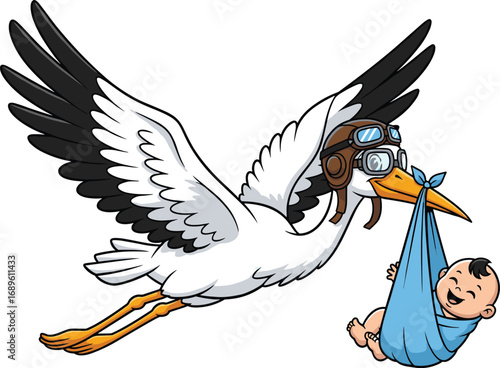 Cartoon stork flying, baby delivery, vector illustration, aviator bird, blue bundle, funny character, folklore theme, children’s design, stock image