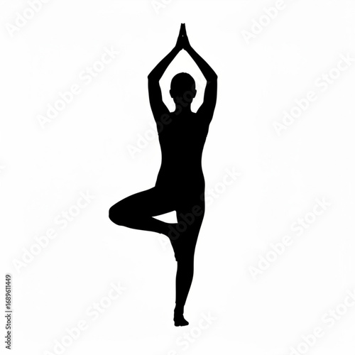 Silhouette of a person in tree pose with hands in prayer position above their head on a white background created with generative ai